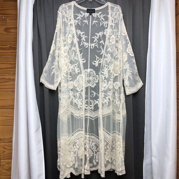 Lane Bryant Size 22/24 Sheer Creme Lace Open Front Cardigan Kimono Embroidered - Picture 1 of 12